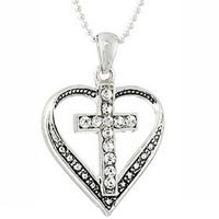 Womens Silver Heart and Cross Necklace with Crystal Accents